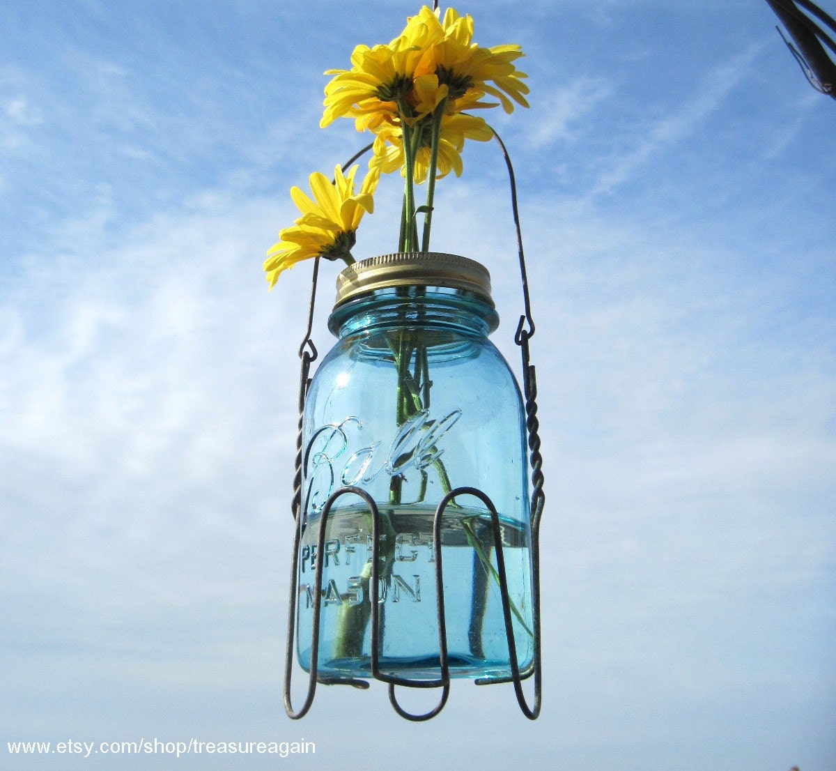 Flower Frog Upcycled Mason Jar Wedding Flowers Basket, Hanging Mason Jar Wire Basket Caddy