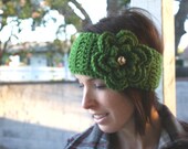 Green Winter Crochet Headband with Large Flower and Glittering Crystal