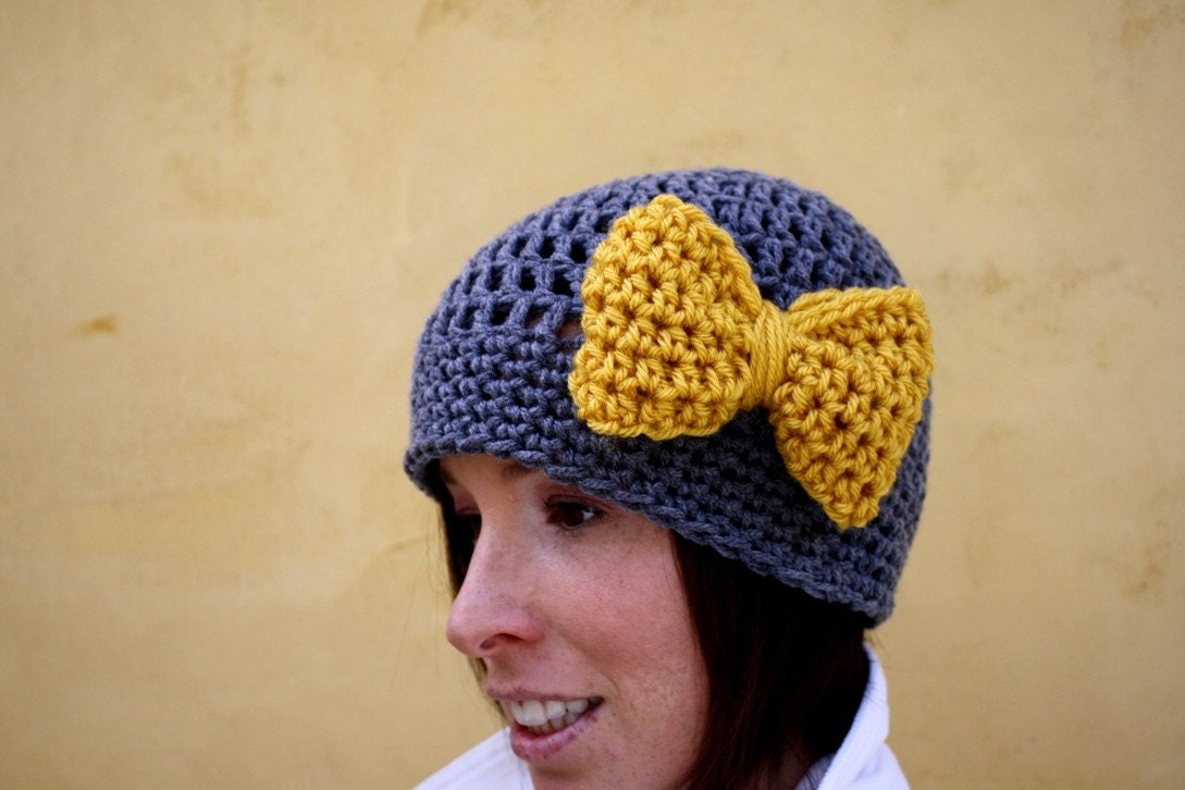 Minnie's Grey Crochet Hat with Bright Yellow Bow