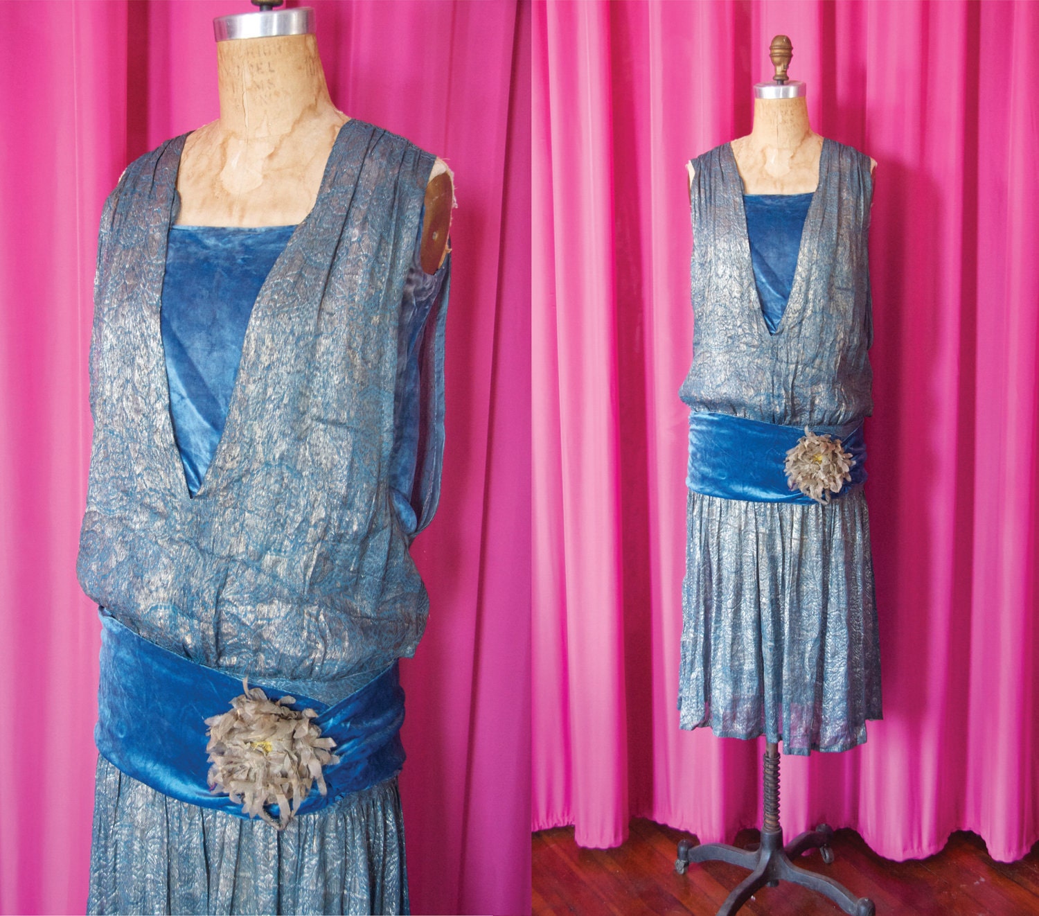 VIntage 1920's Blue Velvet and Jaquard Lamé Flapper Dress