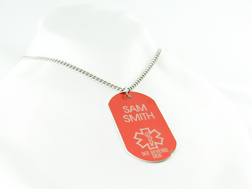 Medical Alert ID Dog Tag, Custom ENGRAVED FREE, Red Aluminum - PD1C