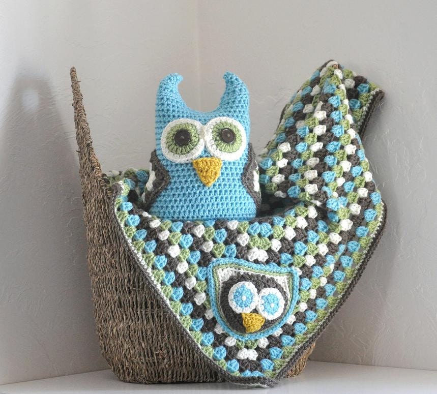 Owl Granny Square Baby Blanket & Owl Plushie Nursery Decor Set