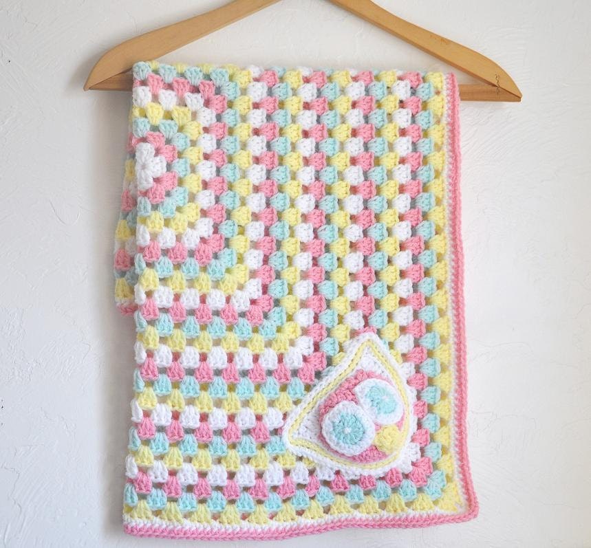 Owl Granny Square Baby Blanket Pink Green Yellow