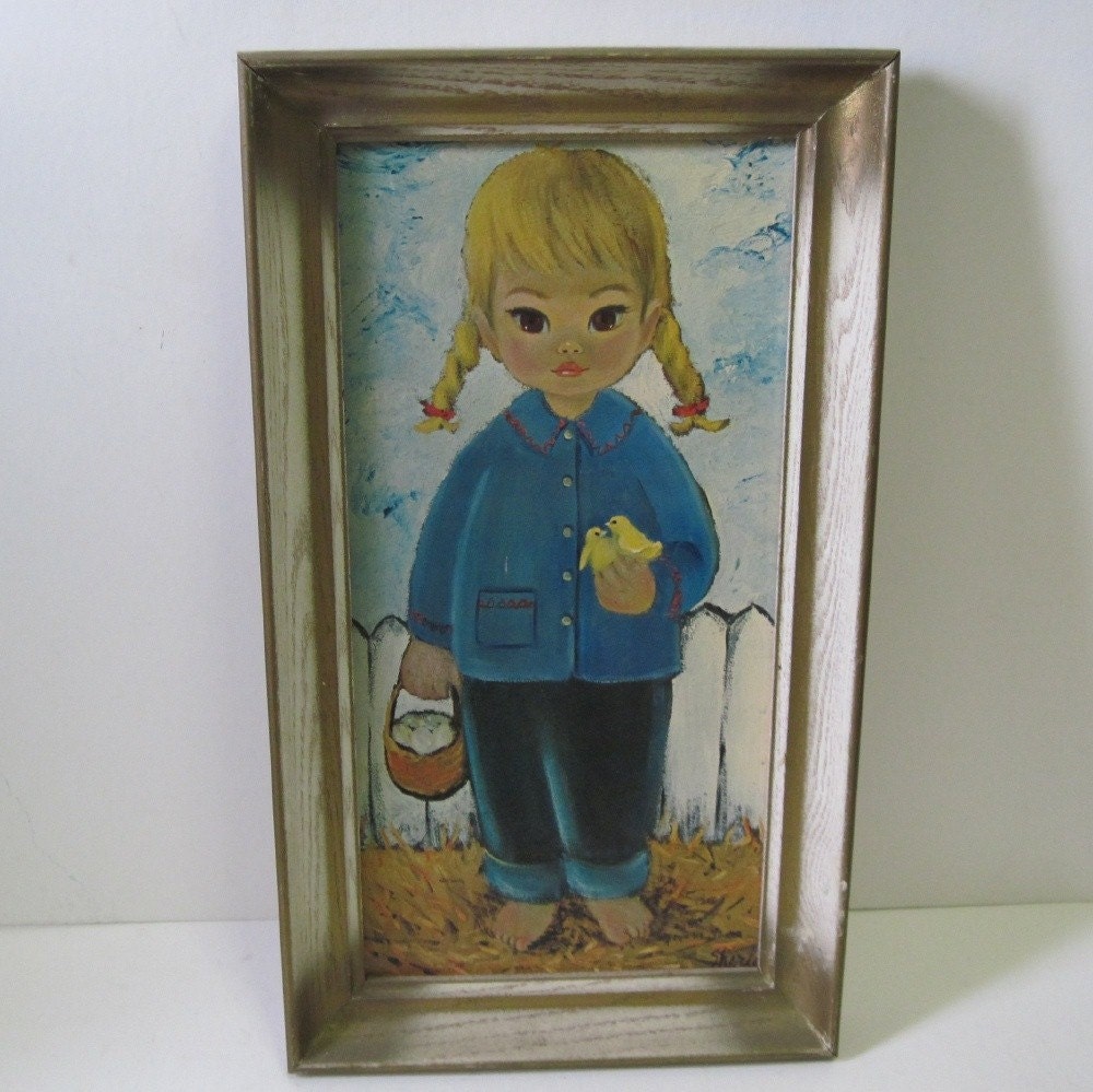 vintage 60s Big Eyed Girl in Blue with a Basket of Yellow Baby Chicks Framed Sherle Print