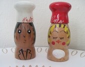 1950s Culinary Couple, Mr. & Ms. Wooden Salt and Pepper Shakers, vintage French Chef, Kitsch Cooks