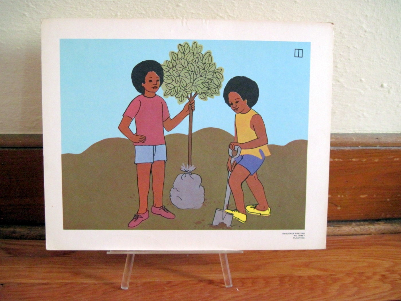 Boys Plant a Tree - 1970s retro Sequence Poster - large vintage flash card art, ready to frame
