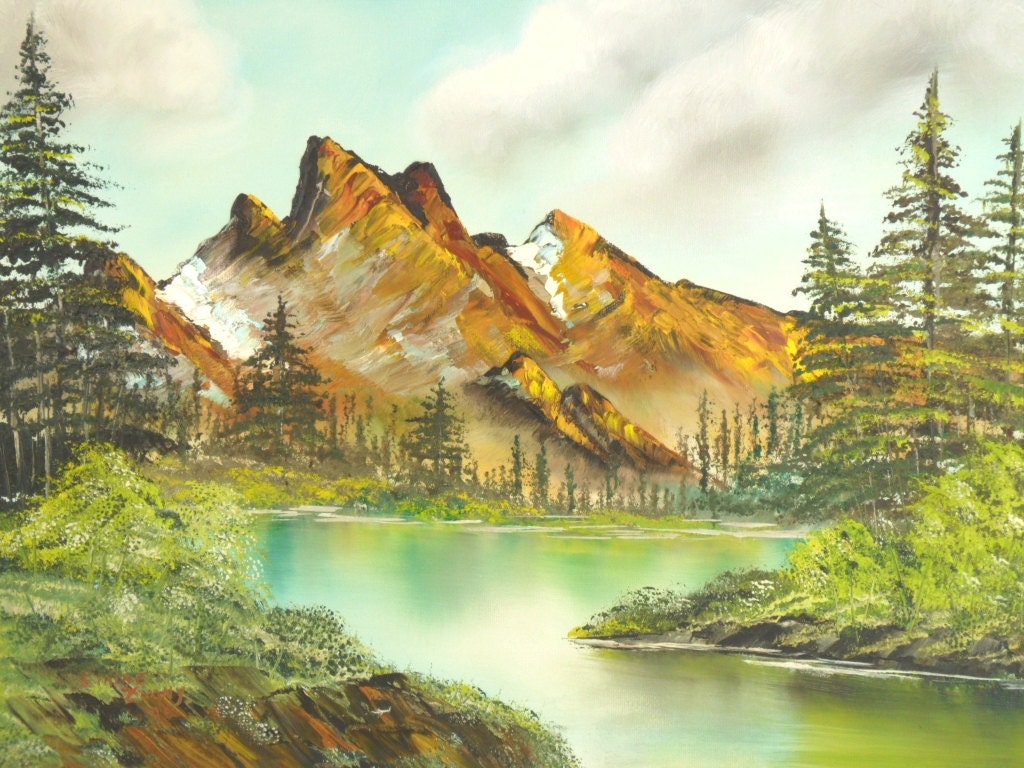 Original Oil Painting Mountains Lake 16 x 20 Vintage Unframed