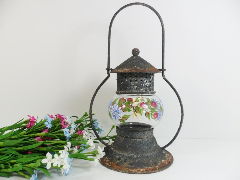 Lantern Glass Tin Antique Black Rust Shabby Chic Hand Painted Flower Garden