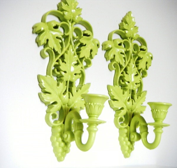 Key Lime Green Syroco Vintage Candle WALL Sconces Upcycled Home Decor Set of Two