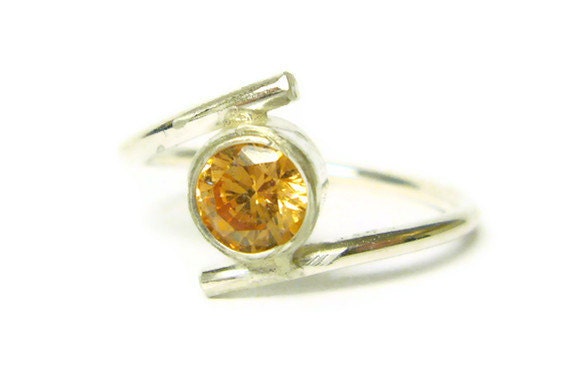 Silver bypass ring Alternative engagement ring silver ring Champagne cubic zirconia ring promise ring
