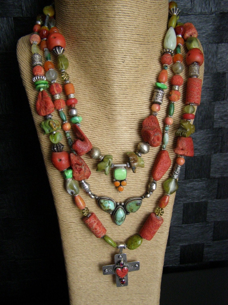 Green Turquoise 'Transition Frogs'  Sponge Coral Peridot Jade Silver Ruby Cross Native American Necklace
