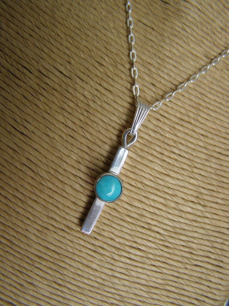 Blue Turquoise Cabochon 'Up To Bar' Silver 925 Pendant Necklace FREE Ship