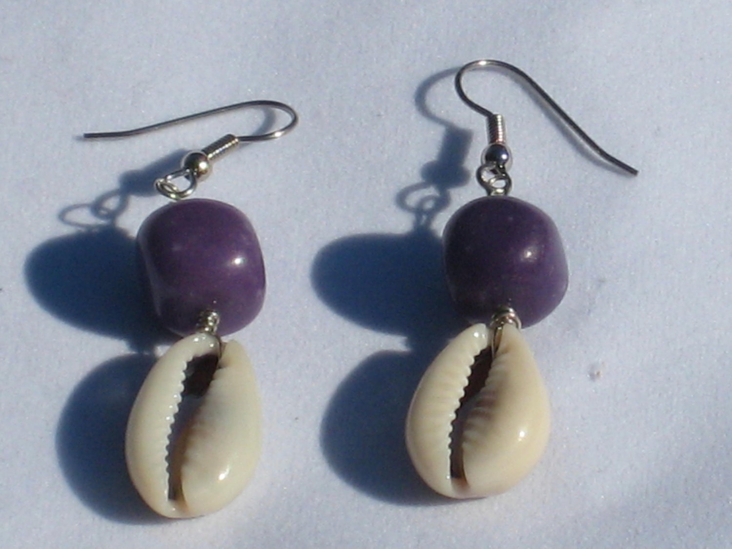 Purple Bead and Shell Earrings