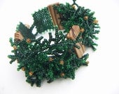 Spiky Green  Beaded Bracelet Cuff with Olive Wood