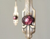 Art Deco Earrings Vintage Brass with Amethyst Glass - February Birthstone - Handmade