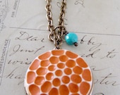 Locket Necklace - Tangerine Orange and Turquoise Glass Cameo - VINTAGE Brass - Handmade