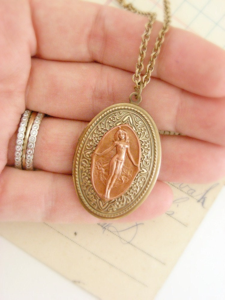 Art Nouveau Locket Necklace Vintage Brass - Art Muse - Handmade