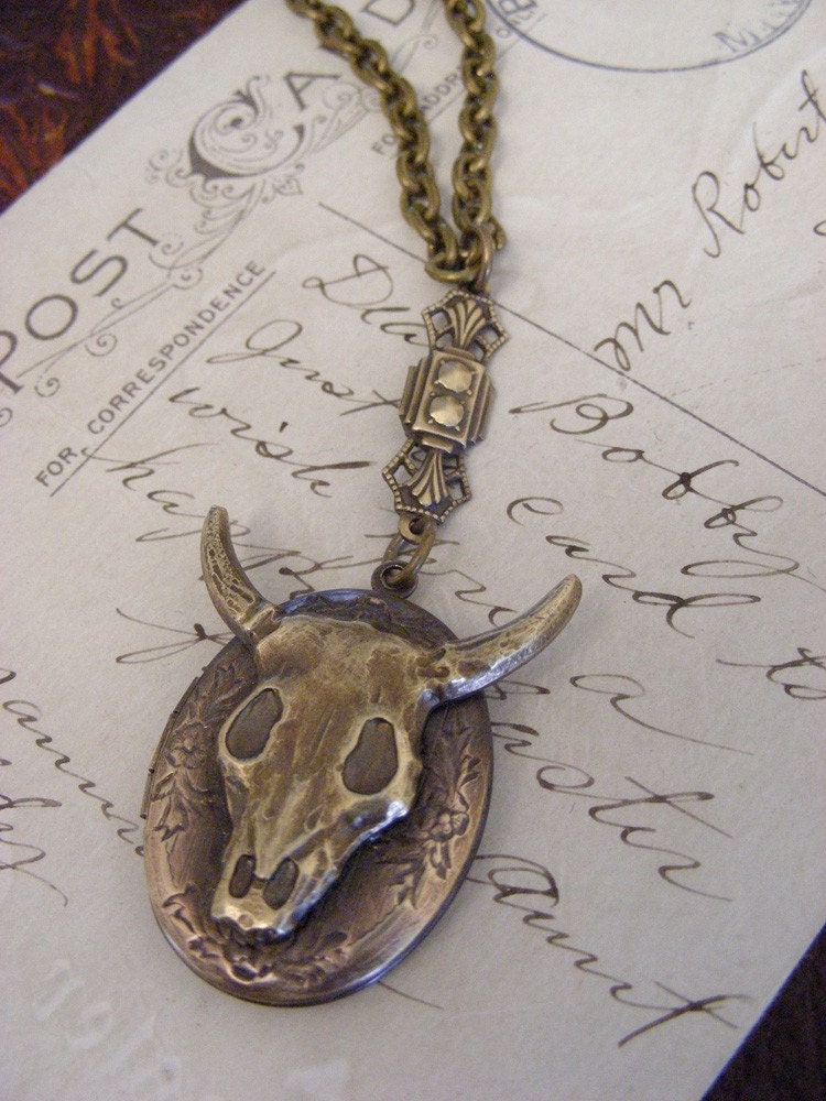 Locket Necklace -  Cowgirl Vintage Brass Cow Skull - Handmade