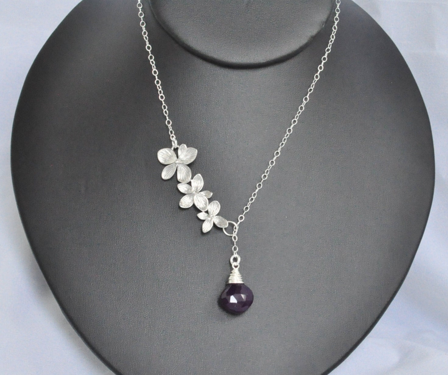 Dark Royal Purple Chalcedony Heart Briolette Drop Flower Lariat Neckalce,Sterling Silver Lariat Necklace, Bridesmaids jewelry
