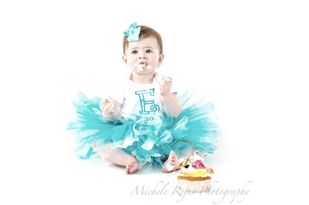 Cake Smash Tutu-Teal Polkadots Embroidered and Personalized Tutu Set -  Tutu, matching bow and Personalized Onesie/T shirt