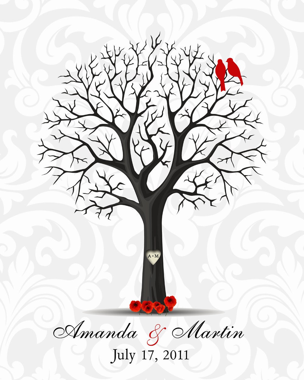Do it yourself Damask  Poppy Wedding GuestBook Signature Fingerprint Tree POSTER Pdf FILE Small Medium Large