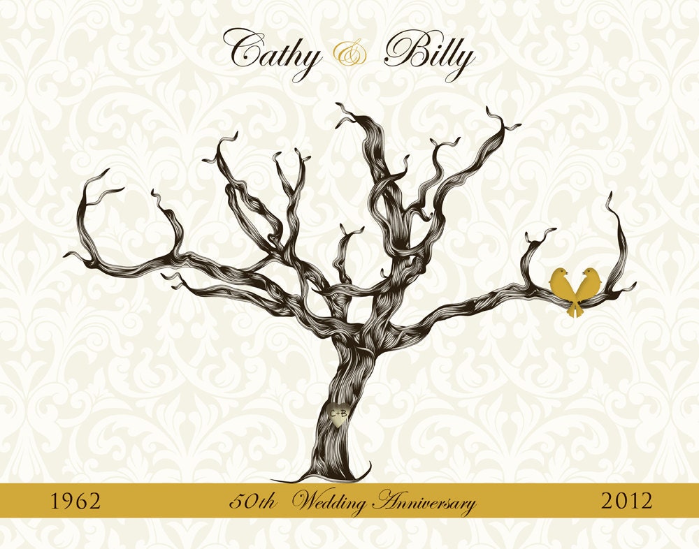 Golden 50th Wedding Anniversary Gift Guest Book Damask Guest Signature Thumb Print Wedding Tree POSTER pdf JPEG FILE Small Medium Large