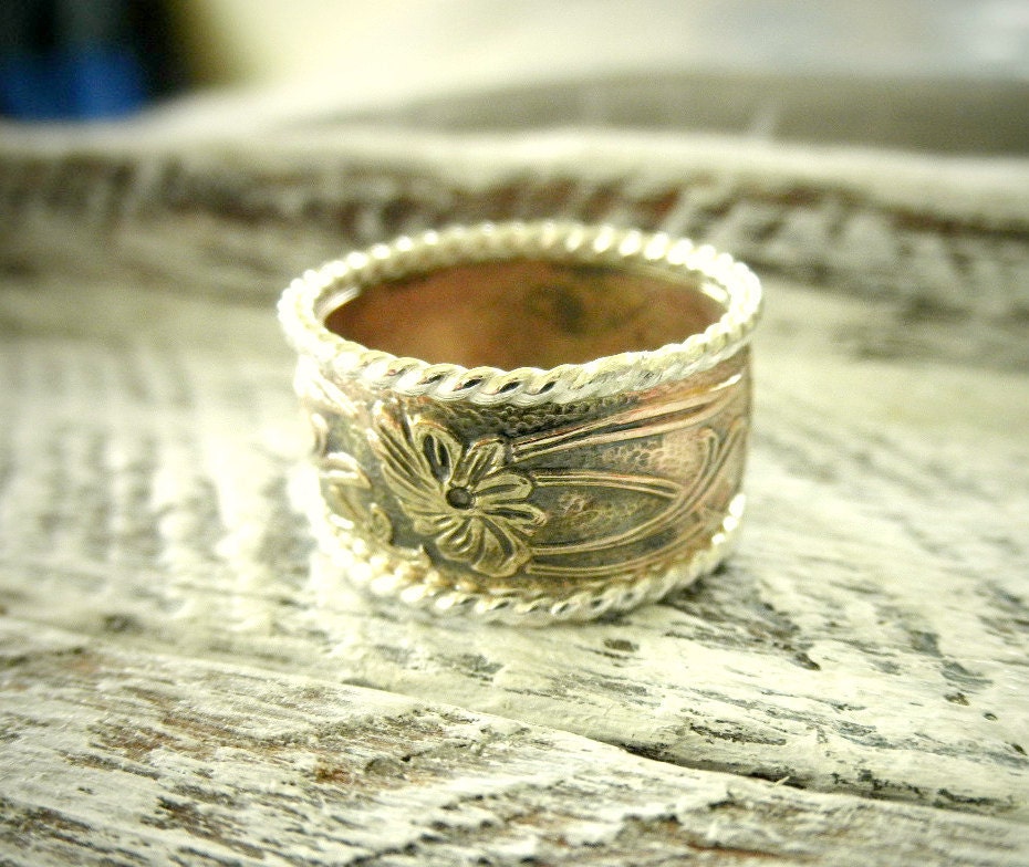 Art Nouveau 14K Gold Filled Band & Two Twisted Silver Stacking Rings w Secret Message- Modern Meets Classic