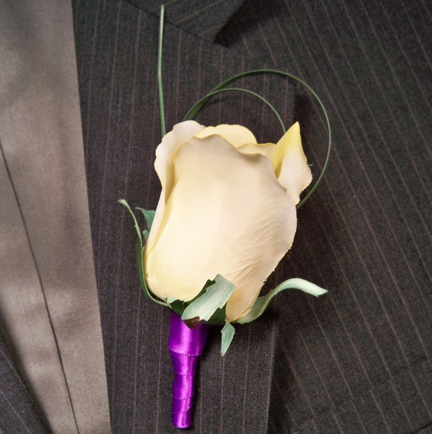 Yellow Rose Wedding Boutonniere - Ribbon Wrapped, for Groom, Groomsmen, Father of the Bride ot Groom