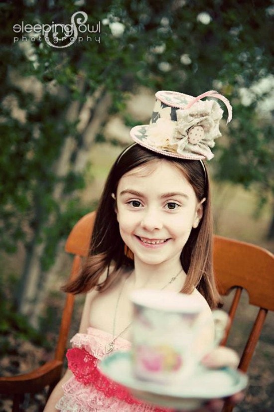 English Tea Party - Mini Top Hat Fascinator Headband in Pink, Grey & Cream