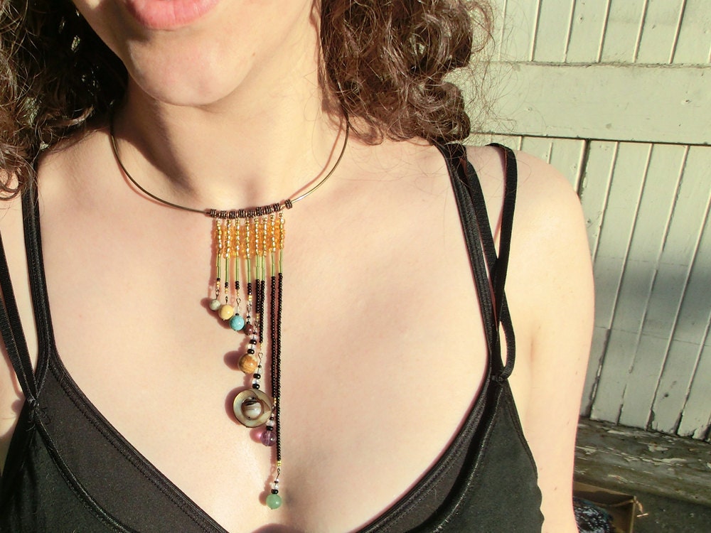 Solar System Necklace - Cascade - Proportional Distances in Glass and Stone - Statement Necklace - Beadwork