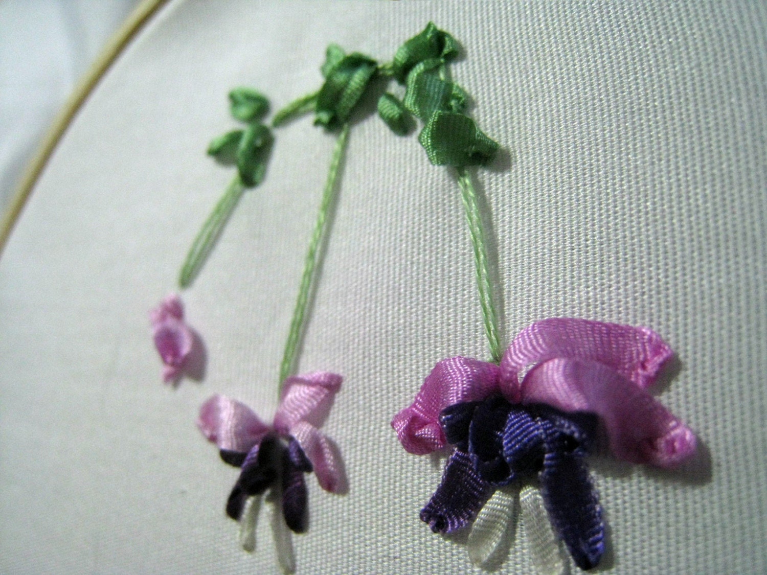 Hand embroidered silk ribbon fuchsia sampler in purple