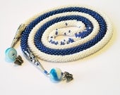 Necklace Beaded  Crochet lariat  knitted beaded white blue FREE SHIPPING