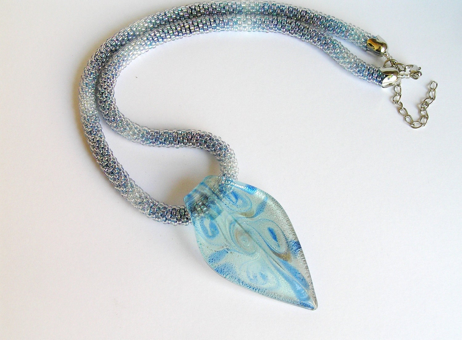 Necklace Lampwork leaf blue Pendant glass mureno knitting with beads FREE SHIPPING