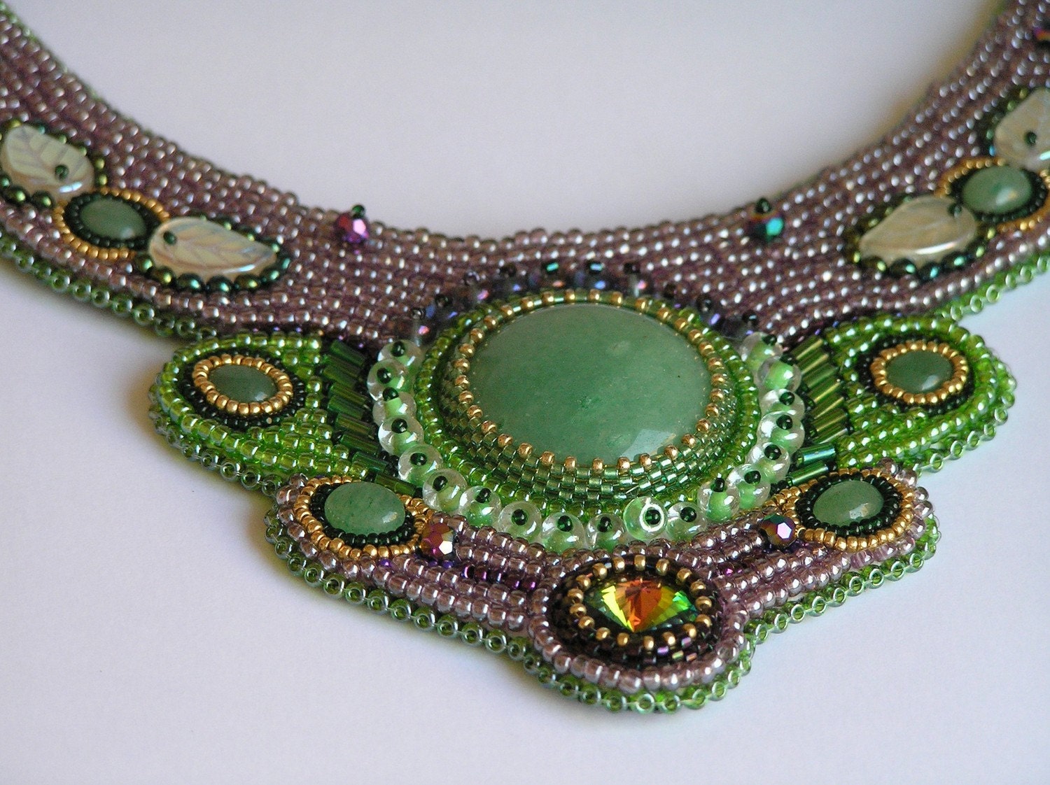 Bead embroidered necklace "Gardens Baroness Beatrice" green lilac