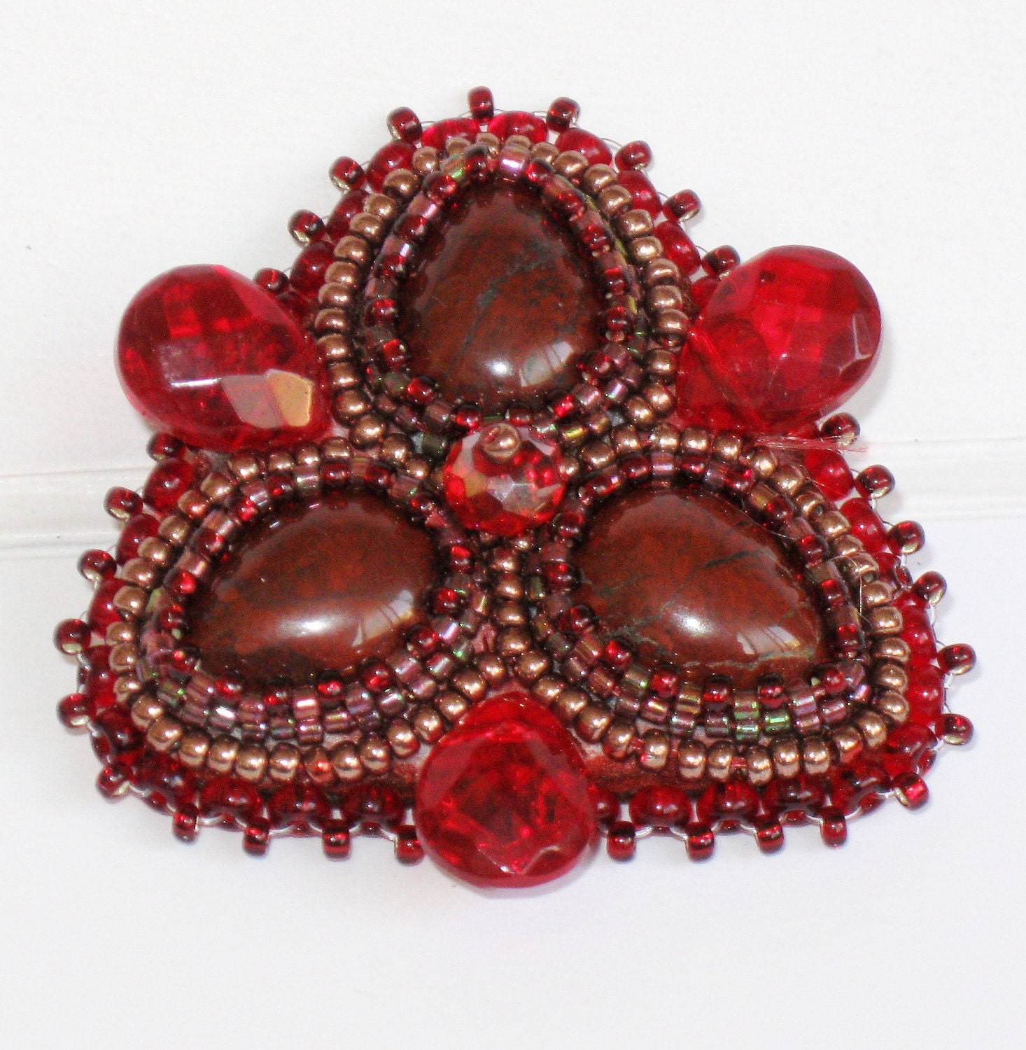Brooch red jasper embroidery OOAK "Autumn"