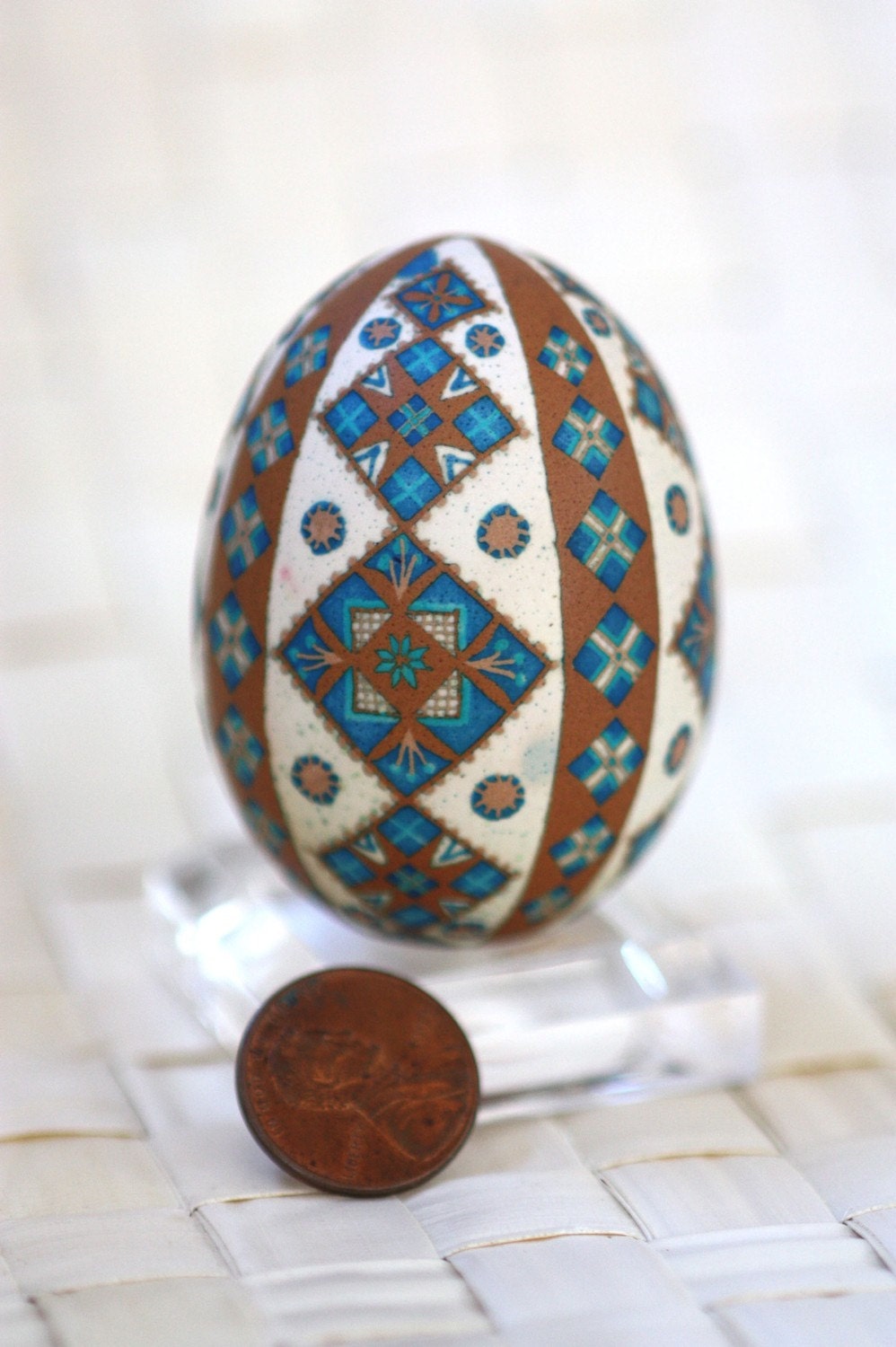 Natural Brown Etched Pysanky, Dyed in Blues