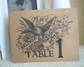 Personalized Vintage Bird With Banners Floral Tented Table Numbers on Kraft Paper - Set of 10