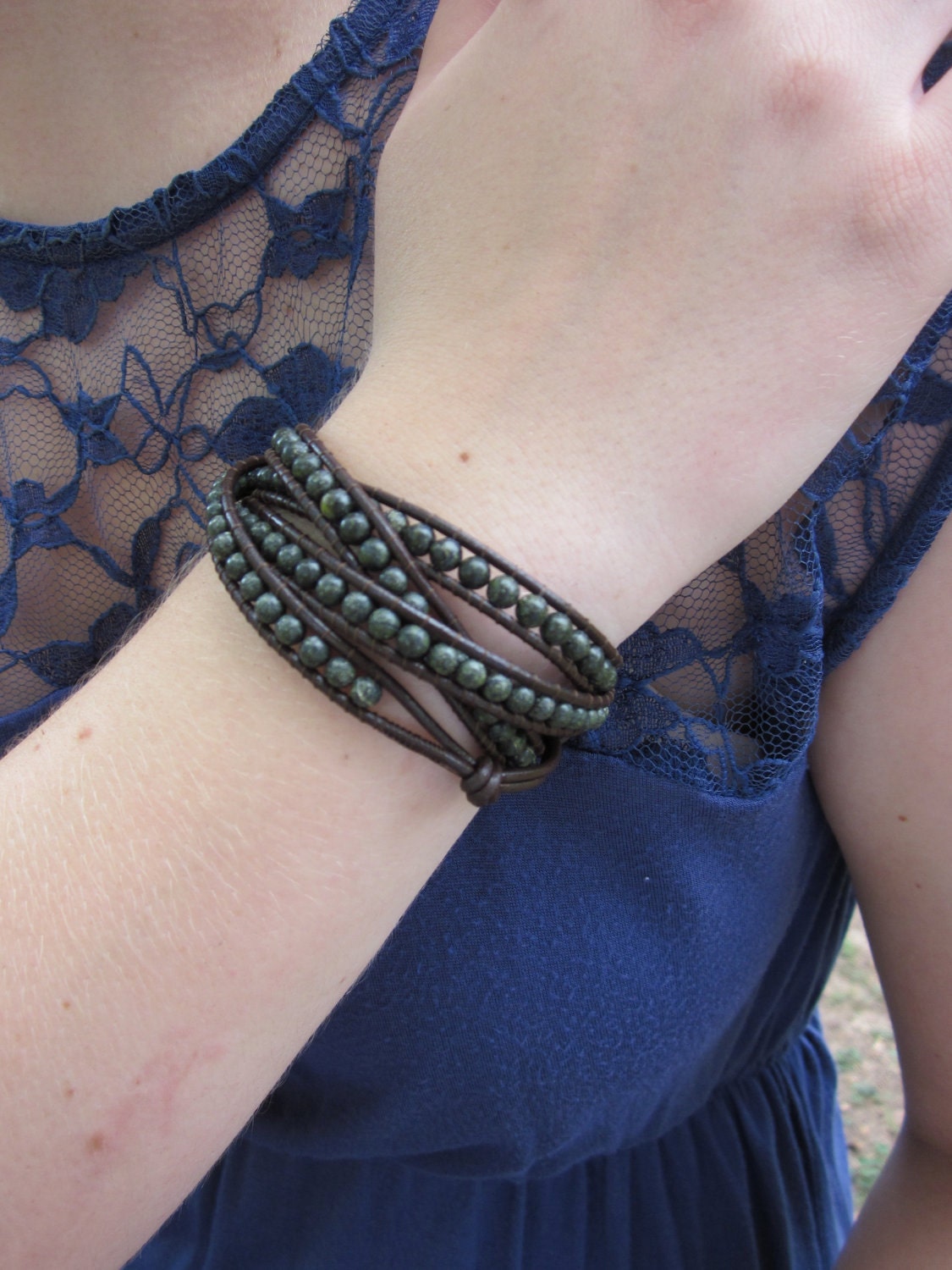 Leather Beaded Wrap Bracelet - Brown and Green Serpentine