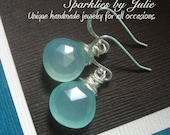 Aqua Chalcedony Earrings - Teal, Tiffany Blue, Faceted teardrop gemstone, Wire wrapped in sterling silver, Simple, Classic, Short Dangle
