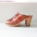 BLOWOUT 60% off sale Vintage 70s Whiskey Brown Leather Clog Wooden Sole Heels, Women 7M