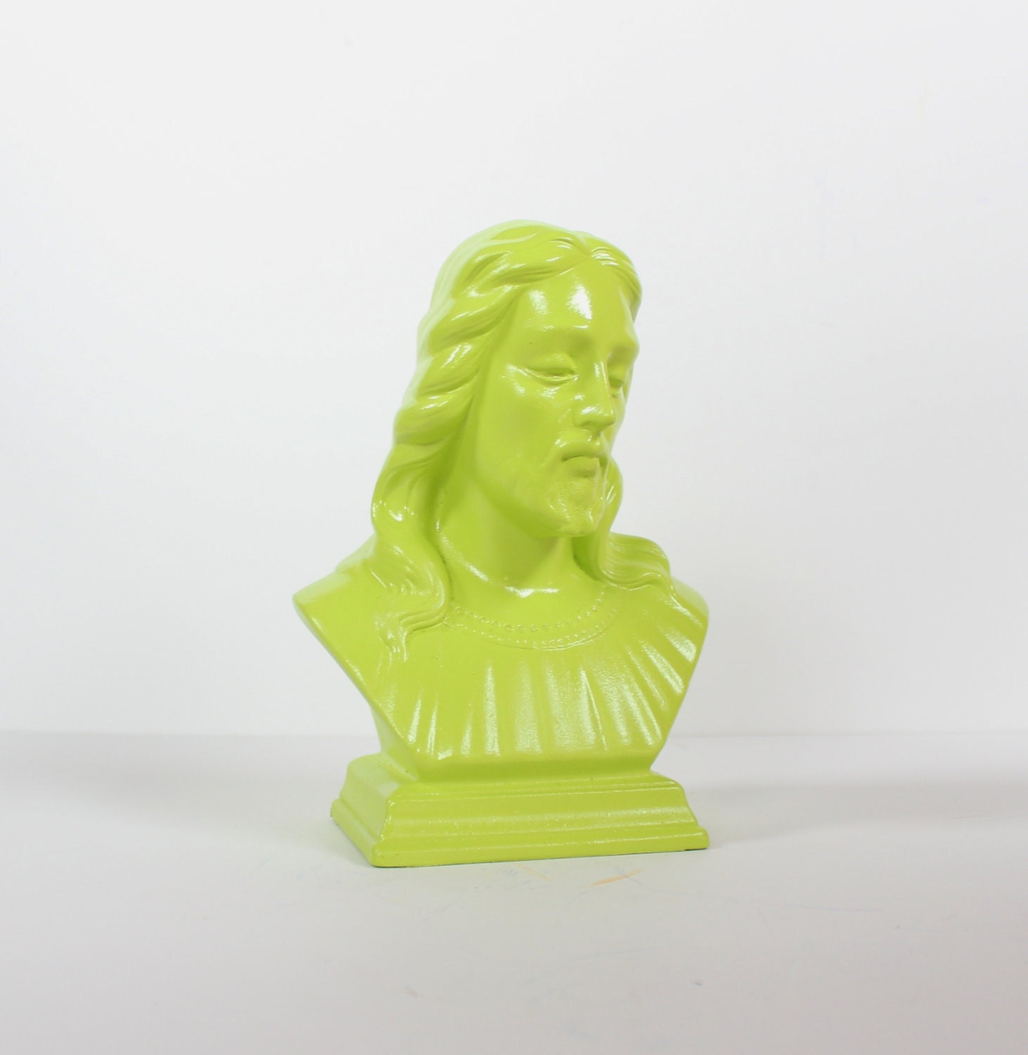 Upcycled JESUS Bust Figurine - Lime Green - Religious Figure