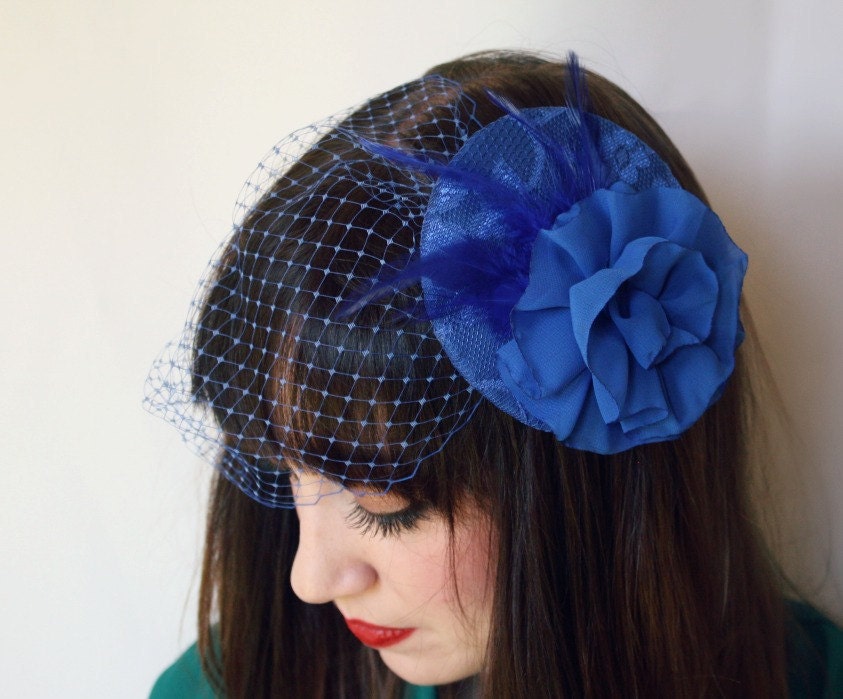 Royal Blue Cocktail Hat with Birdcage Veil