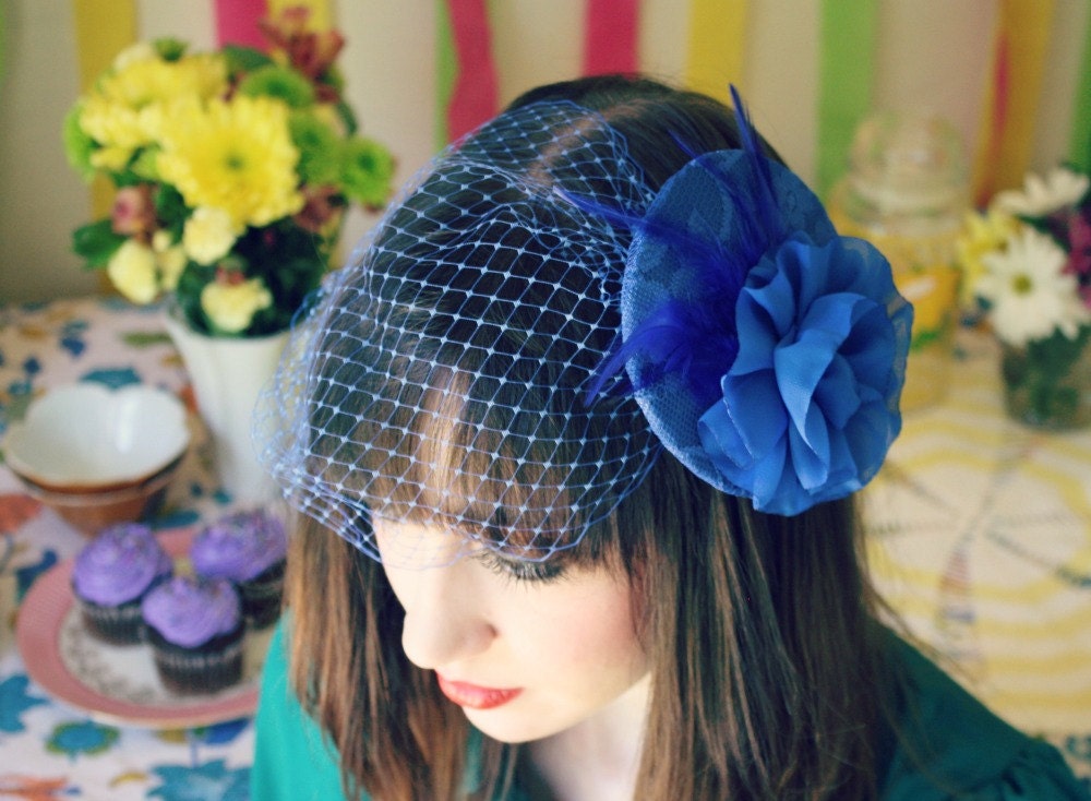 Royal Blue Cocktail Hat with Birdcage Veil