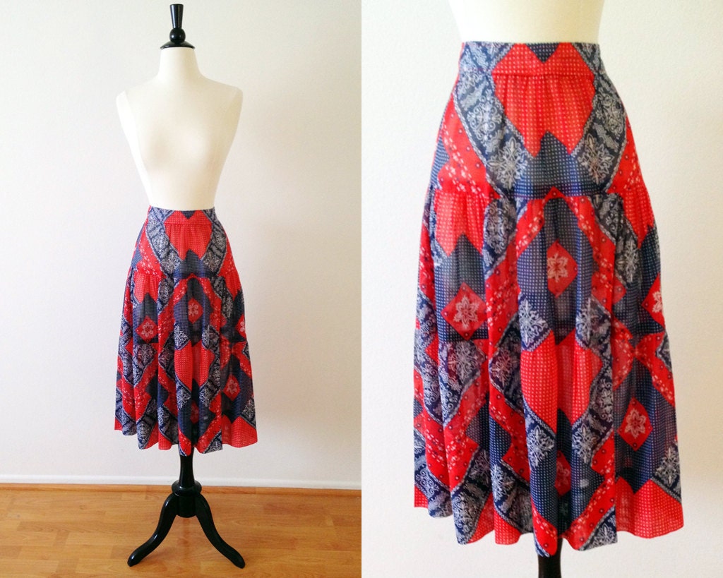 1960s 1970s navy & red bandana print tiered full midi skirt m