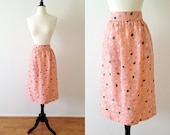 1970s pale coral pink abstract polka dot silk midi skirt xs