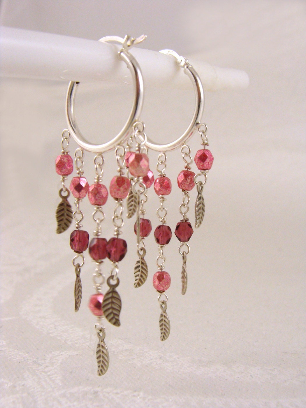 silver hoop earrings in ruby pink with leaf dangles bohemian