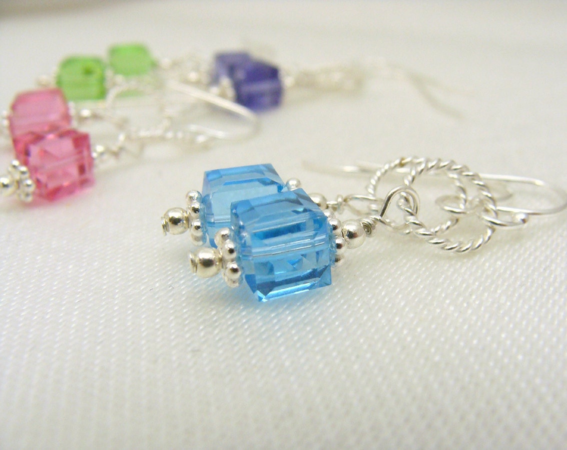 Pink Purple Blue or Green Swarovski cube earrings - pick your color