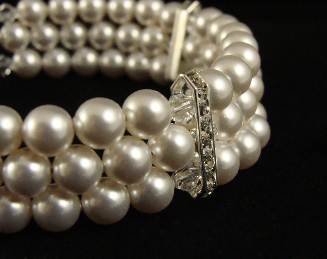 Items similar to Pearl bracelet with 3 strands of pearls and crystals