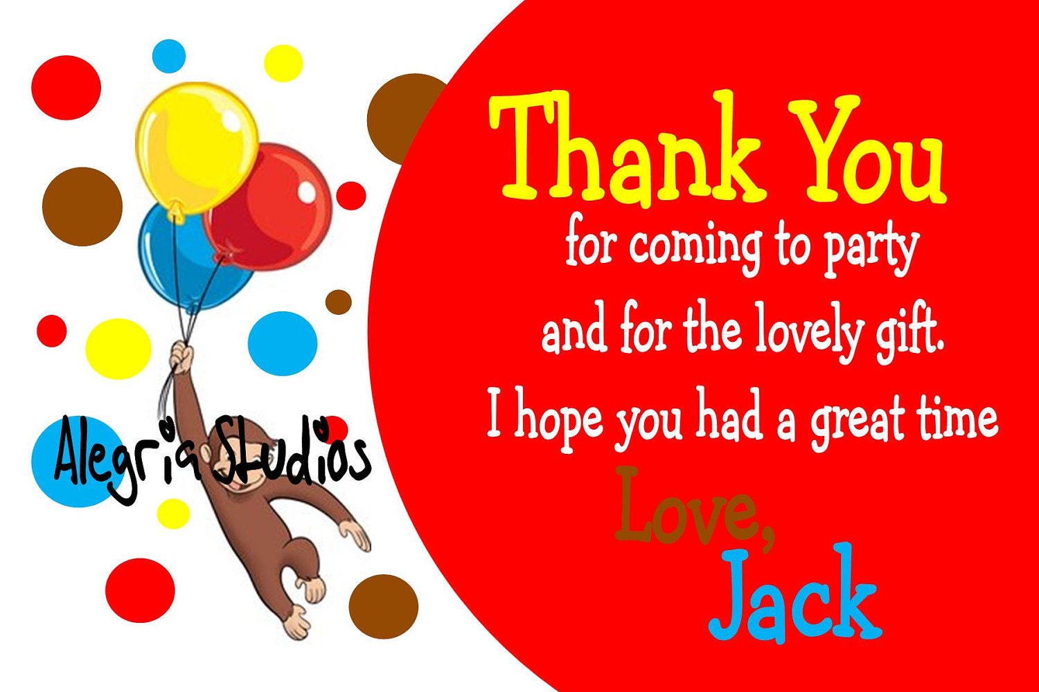 Curious George Thank You Card by AlegriaStudios on Etsy