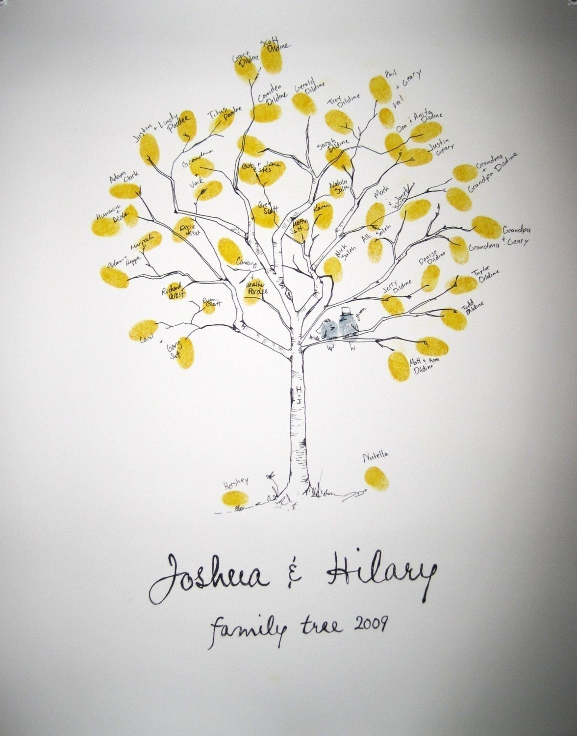 Guest book fingerprint tree, hand drawn small birch for 30-80 guests (drawing with one ink)